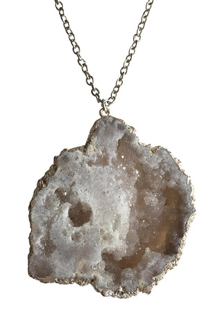 Druzy Quartz Geode Slice Pendant, Silver Plate, Well Done Goods