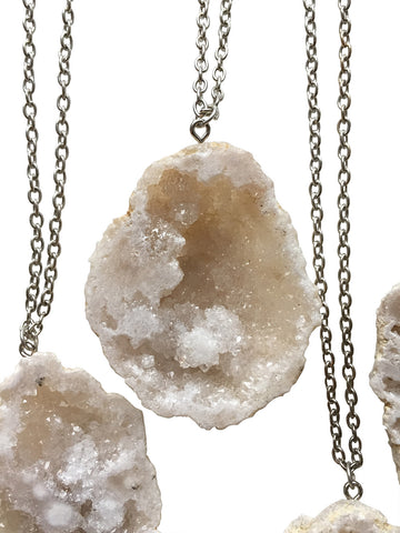 Crystal Cave Geode Slice Pendant, White Druzy Quartz