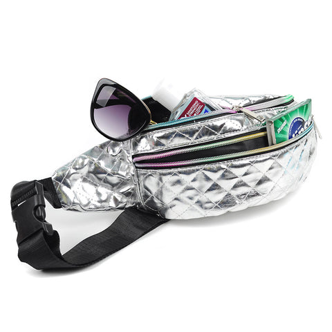Quilted Metallic Silver Fanny Pack, Rainbow Zippers