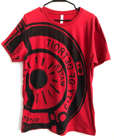 Manhole Cover Print T-Shirt, Spirit of Detroit. Red