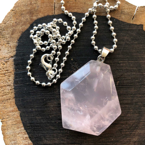 Large Rose Quartz Hexagon Crystal Pendant Necklace