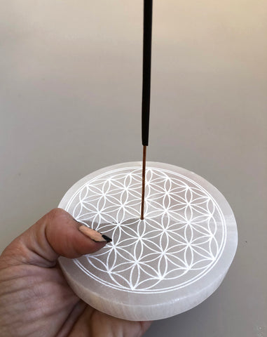 Engraved Selenite Incense Burners, Ash Catchers, incense dish. Flower of Life or Star
