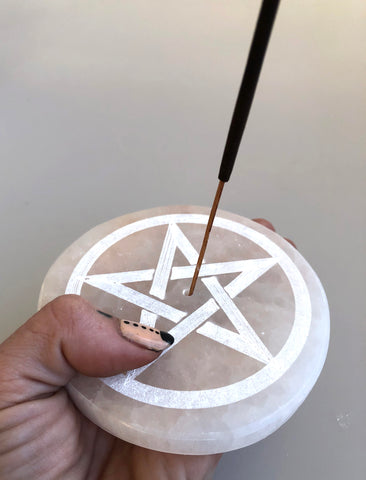 Engraved Selenite Incense Burners, Ash Catchers, incense dish. Flower of Life or Star