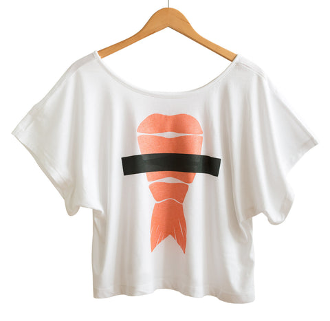 Shrimp Sushi White Crop Top, Ebi Nigiri Print, Well Done Goods