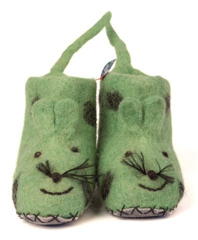 Tiger Solid Color Wool Booties, Light Green w/ Spots and Suede Bottom Booties, Well Done Goods