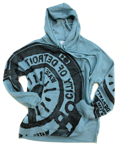 Manhole Cover Print Pullover Hoodie, Spirit of Detroit. Heather Blue Lagoon, Unisex