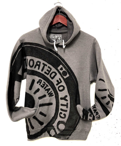 Manhole Cover Print Pullover Hoodie, Spirit of Detroit. Deep Heather Grey