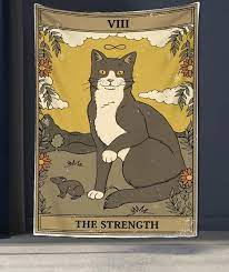 Cat Tarot Tapestry, The Strength. 39"x27" Gray White Cat Fabric Wall Hanging