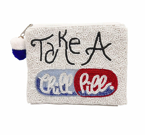 Take a Chill Pill Beaded Coin Purse. White Beaded Change Purse, Zipper Pouch