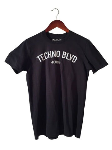 Techno Blvd T-Shirt, silver on black. by Well Done Goods Detroit
