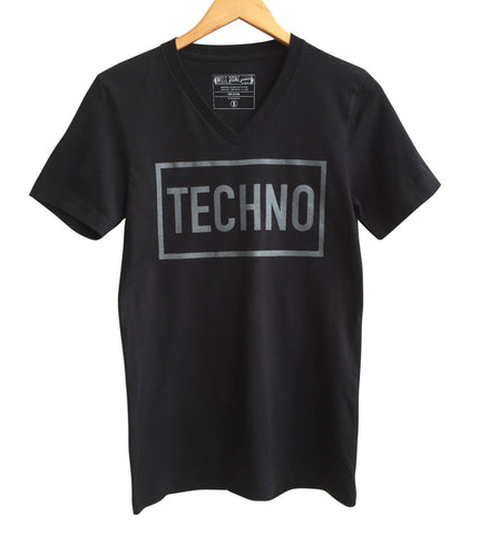 TECHNO Text Print V-Neck T-Shirt, Black. Well Done Goods