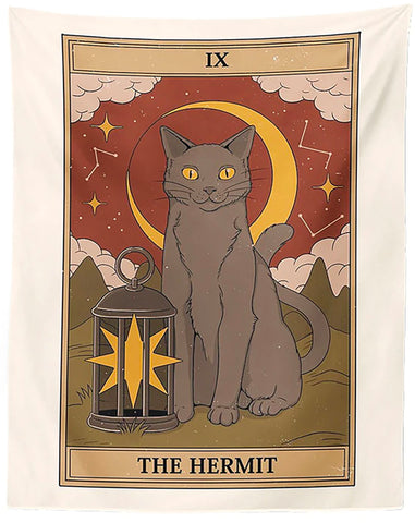 Cat Tarot Tapestry, The Hermit. 39"x27" Grey Cat Fabric Wall Hanging