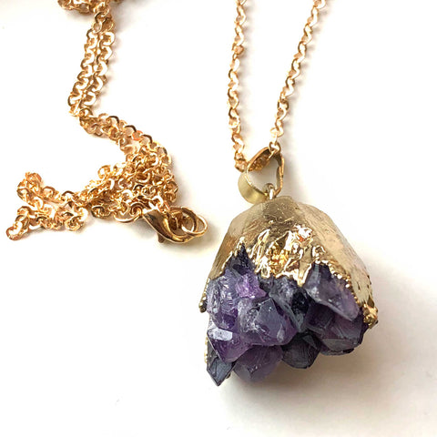 Amethyst Crystal Cluster Pendant, Gold Electroplate