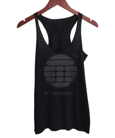 Transmat Logo. Women's Raw Edge Black Tank Top, Transmat Records, Well Done Goods