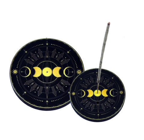 Triple Moon Round Wooden Ash Catcher, Stick Incense Burner