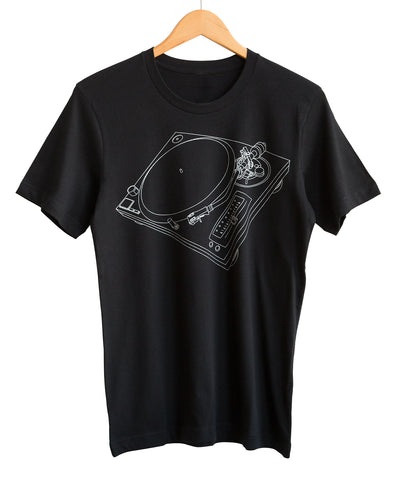 Turntable Print Silver on Black Adult T-Shirt, Well Done Goods