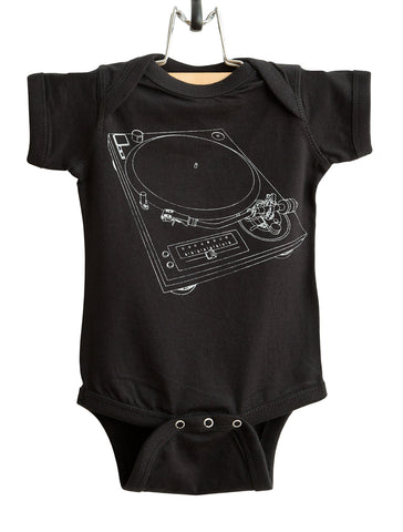 Turntable Print, Silver on Black Record Player Baby Onesie. Well Done Goods
