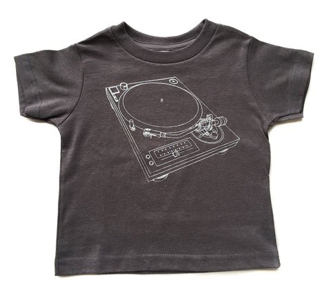 Turntable Toddler T-Shirt, silver silkscreen print on gray. Well Done Goods
