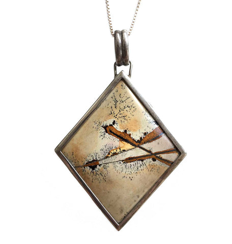 Large Sterling Silver Dendritic Paintbrush Jasper Pendant, Diamond Shape. Well Done Goods