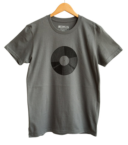 7 Inch Vinyl Record, Black on Charcoal Adult T-Shirt, Well Done Goods