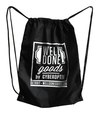 Well Done Goods Black Nylon Drawcord Bag. WDG logo