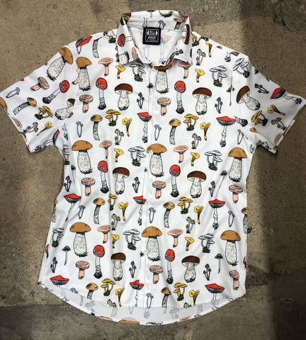 Mushroom Print Short Sleeve Button-up Shirt, Off-White