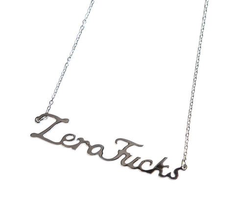 Zero F*cks Silver Script Necklace, Funny Pendant, by Well Done Goods