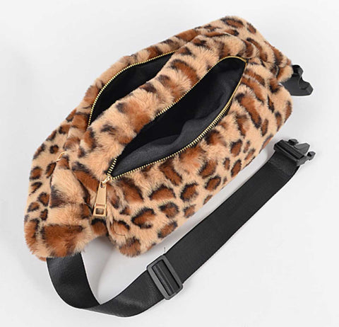 fuzzy hand warmer fanny pack, leopard