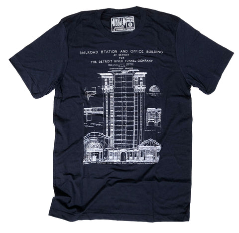 Michigan Central T-Shirt, navy blue blueprint shirt