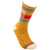 Yellow sock with colorful stripes and text on a white background.  Text on socks reads "I'm Fine, Fuck you."