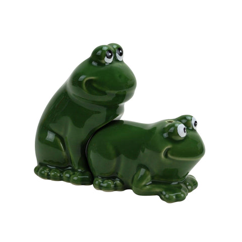 Two green ceramic frogs in a suggestive position on a white background. 