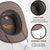 Brown leather cowboy hat shown from the inside with callout circles highlighting an elastic band and adjustable ribbon, on a white background with product feature text.