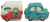 Two ceramic salt and pepper shakers shaped like a camper and a car on a white background