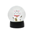 A clear glass snow globe featuring a white Maneki-neko (lucky cat) figurine with pink ears, a red collar, and a gold bell, sitting on a black cylindrical base against a white background.