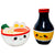 Ceramic bowl and soy sauce bottle set with cartoon faces on a white background