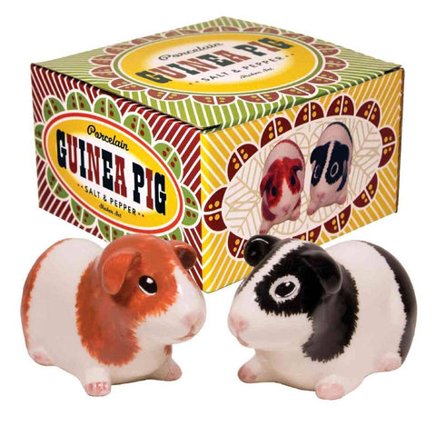 Two porcelain guinea pig salt and pepper shakers in front of their packaging.