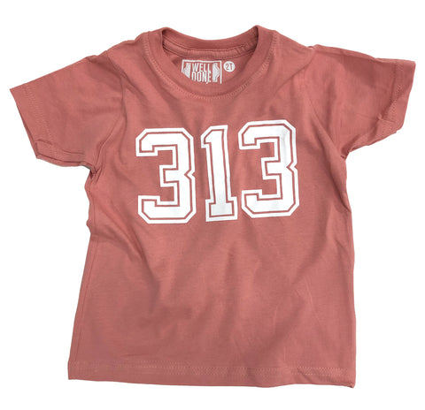 313 Detroit Kids T-Shirt. Front Number Print on Mauve Pink