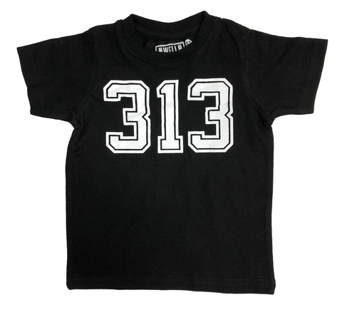 Black 313 Detroit Kids T-Shirts: Baby,Toddler, Youth. Front Numeric Print