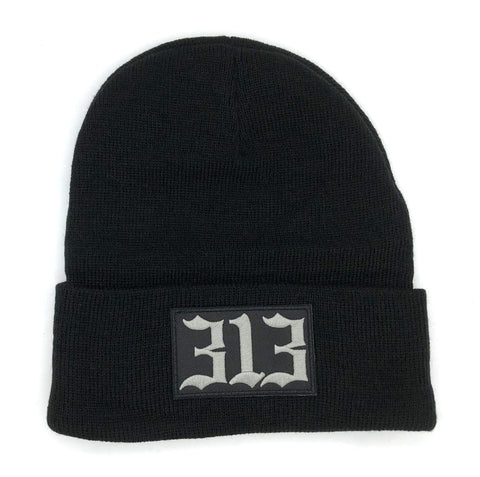 313 Detroit Knit Beanie, Embroidered Patch Beanie Cap. Black beanie with cuff