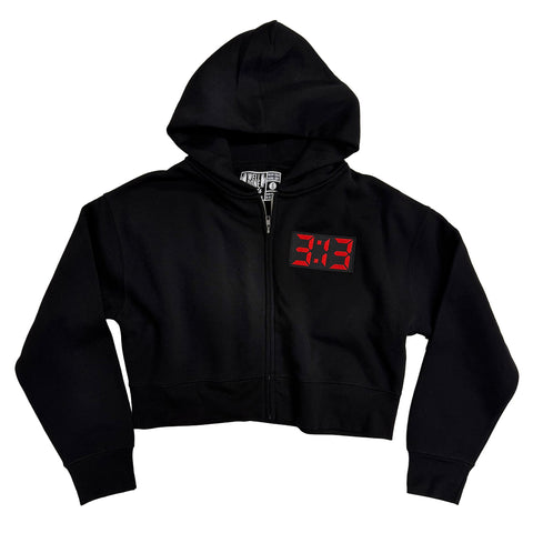 313 Digital Display Cropped Zip Hoodie. Red LED Clock Patch, Women's Relaxed-Fit Black Hooded Fleece