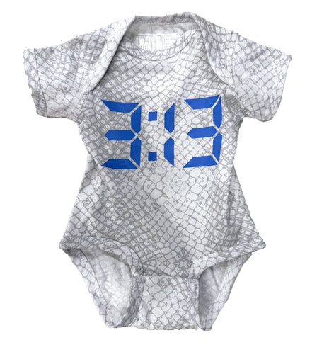 A short-sleeve baby bodysuit featuring a gray and white snakeskin pattern with a large blue digital clock face graphic on the chest displaying '3:13'.