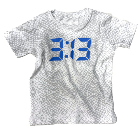 A short-sleeve crewneck t-shirt featuring a white and gray snake-skin pattern with a bold blue digital '3:13' clock graphic printed on the chest.