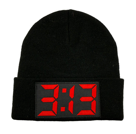 Black beanie with a digital clock display showing 3:13 on a white background