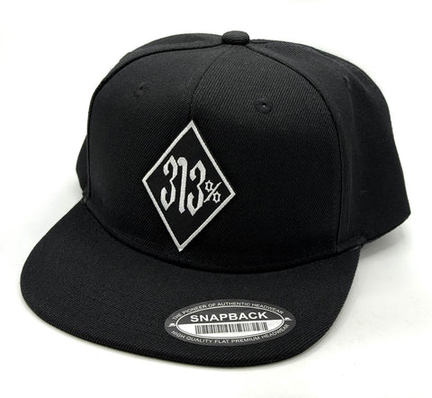 313 Percent Snapback Hat, Biker Patch Black Flat Bill Cap