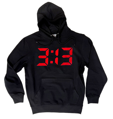 313 Hoodie. Red Digital Numbers, Black Hooded Pullover Sweatshirt