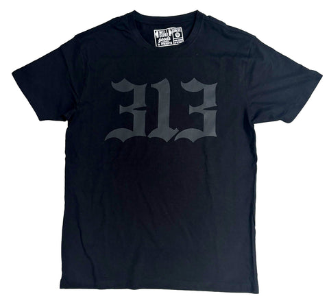 313 Black on Black T-Shirt. Old English Numerals, Detroit Area Code