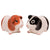 Two porcelain figurines of guinea pigs, one with red and white fur and the other with black and white fur, on a white background.