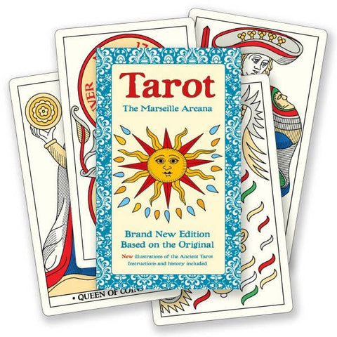 Tarot card deck with colorful design and text on a white background