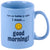 Light blue mug with text and smiley face on a white background. Text on mug reads "Here we fucking go again, I mean... Good Morning!"