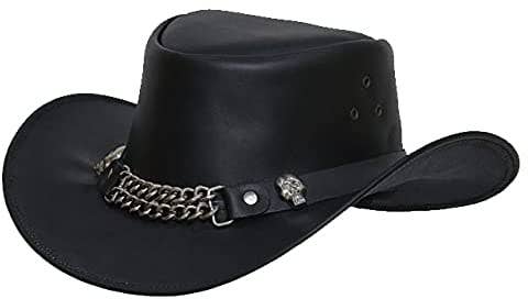 A black leather cowboy hat featuring a decorative silver chain and skull accent on the band, set against a plain white background.